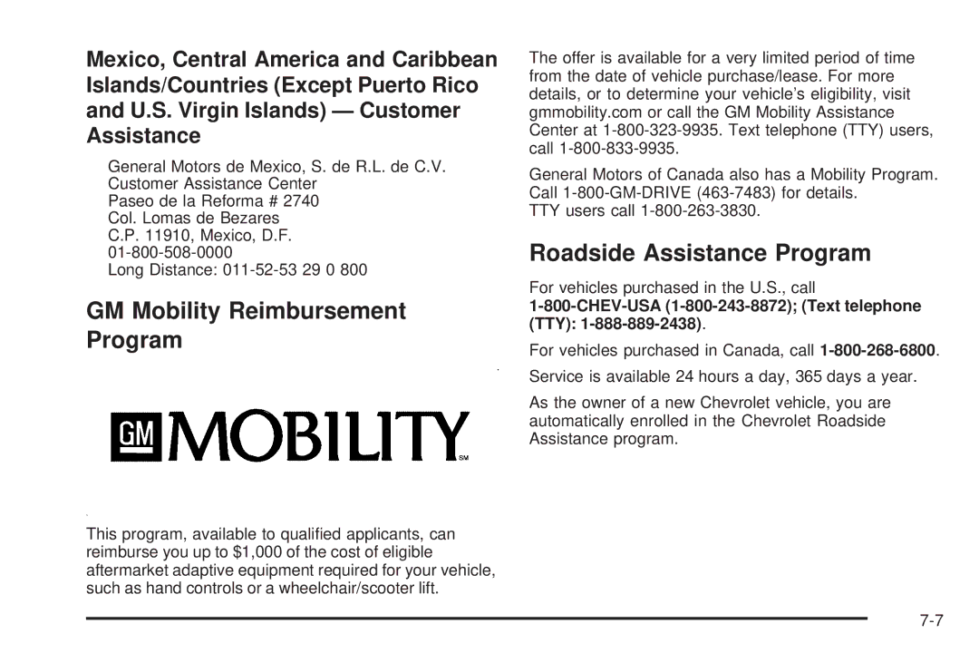 Chevrolet 2008 GM Mobility Reimbursement Program, Roadside Assistance Program, CHEV-USA 1-800-243-8872 Text telephone TTY 