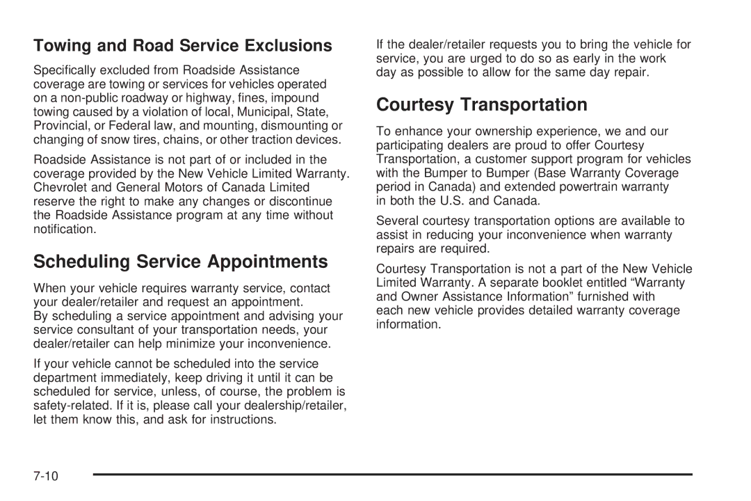 Chevrolet 2008 owner manual Scheduling Service Appointments, Courtesy Transportation, Towing and Road Service Exclusions 