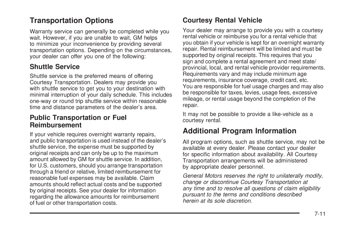 Chevrolet 2008 Transportation Options, Additional Program Information, Shuttle Service, Courtesy Rental Vehicle 