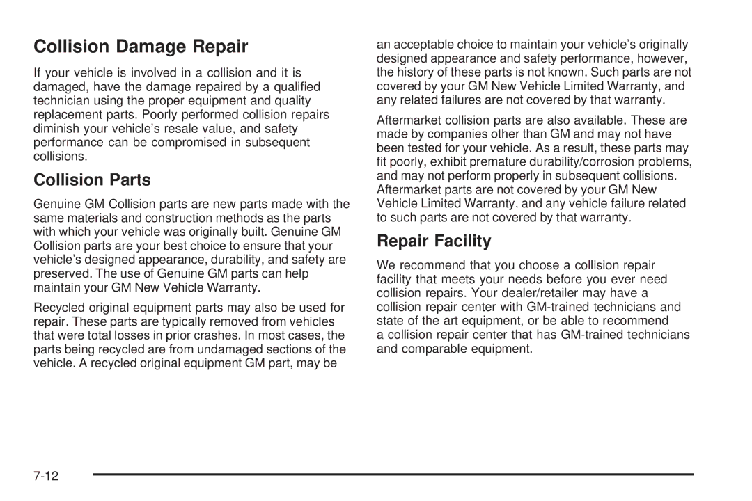 Chevrolet 2008 owner manual Collision Damage Repair, Collision Parts, Repair Facility 