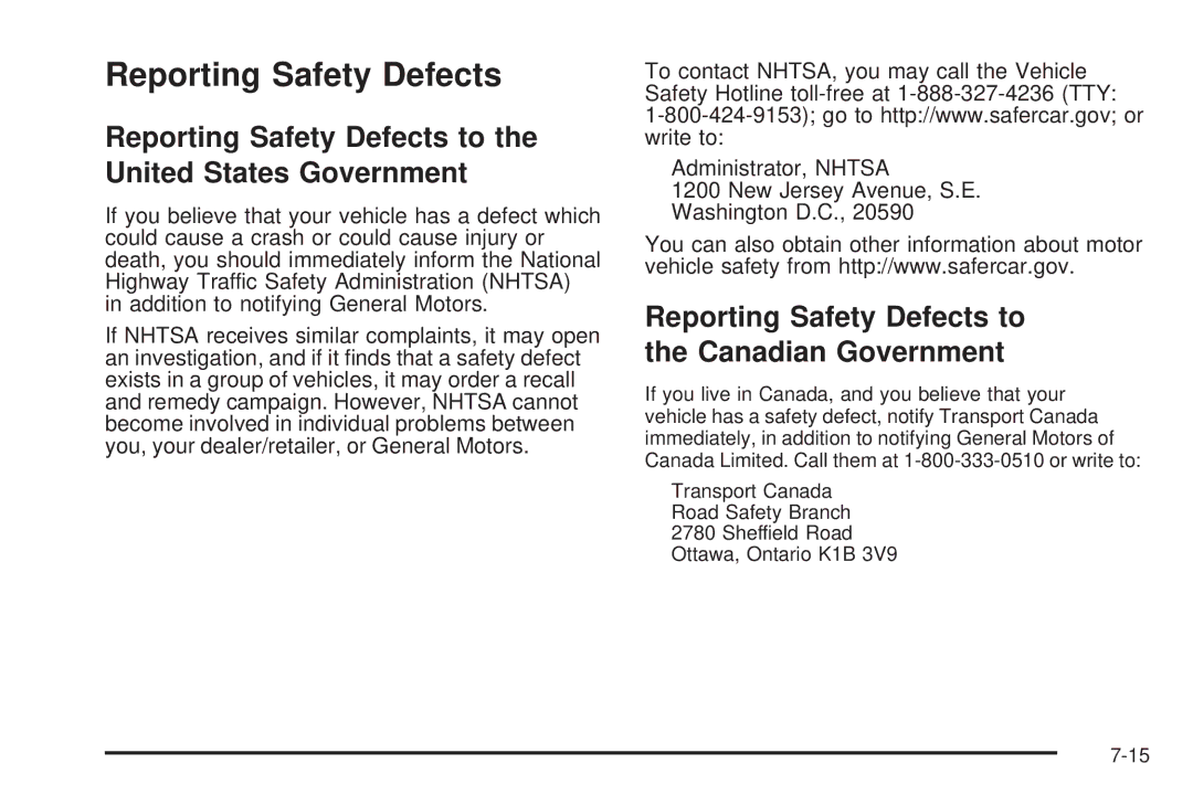 Chevrolet 2008 owner manual Reporting Safety Defects to the United States Government 