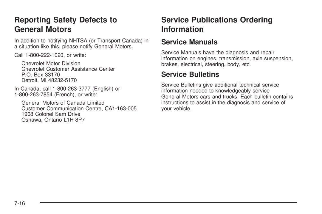 Chevrolet 2008 Reporting Safety Defects to General Motors, Service Publications Ordering Information, Service Bulletins 