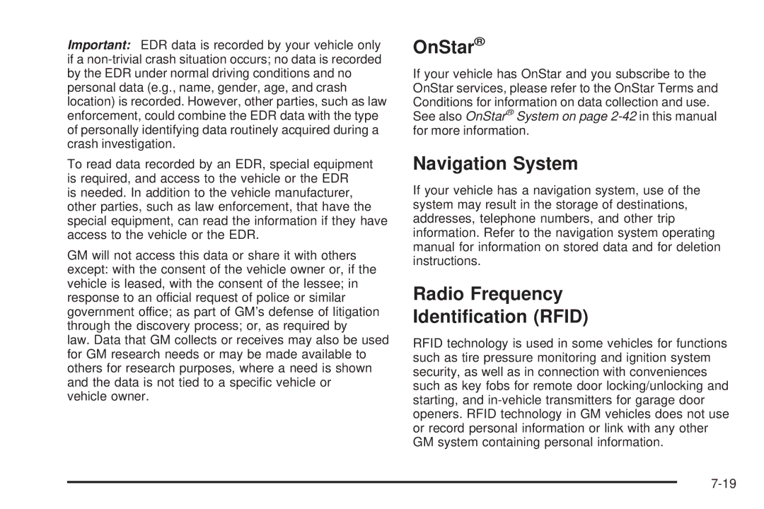 Chevrolet 2008 owner manual OnStar, Navigation System, Radio Frequency Identiﬁcation Rfid 