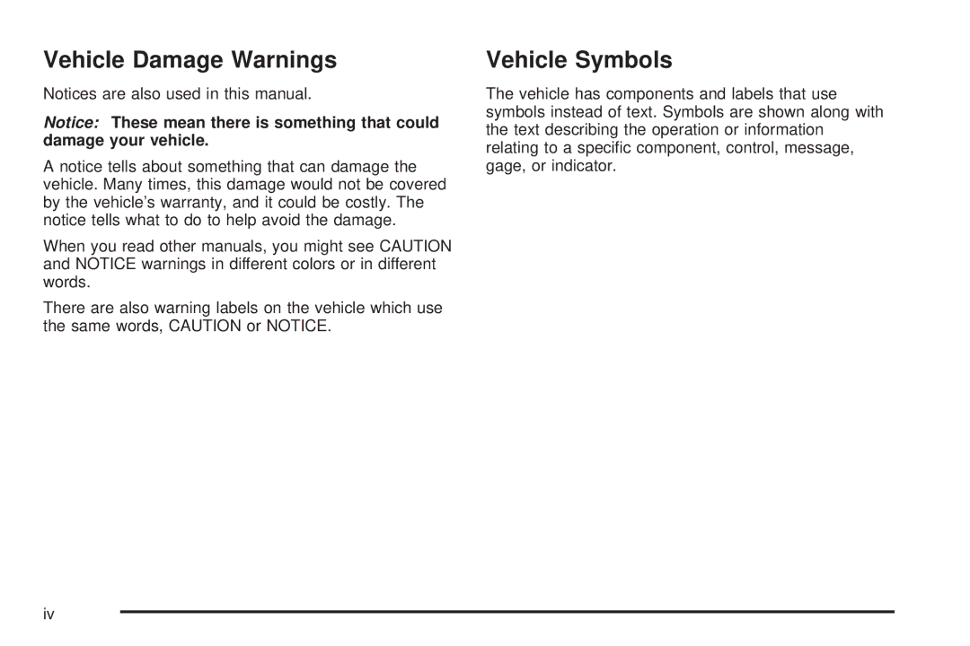 Chevrolet 2008 owner manual Vehicle Damage Warnings, Vehicle Symbols 