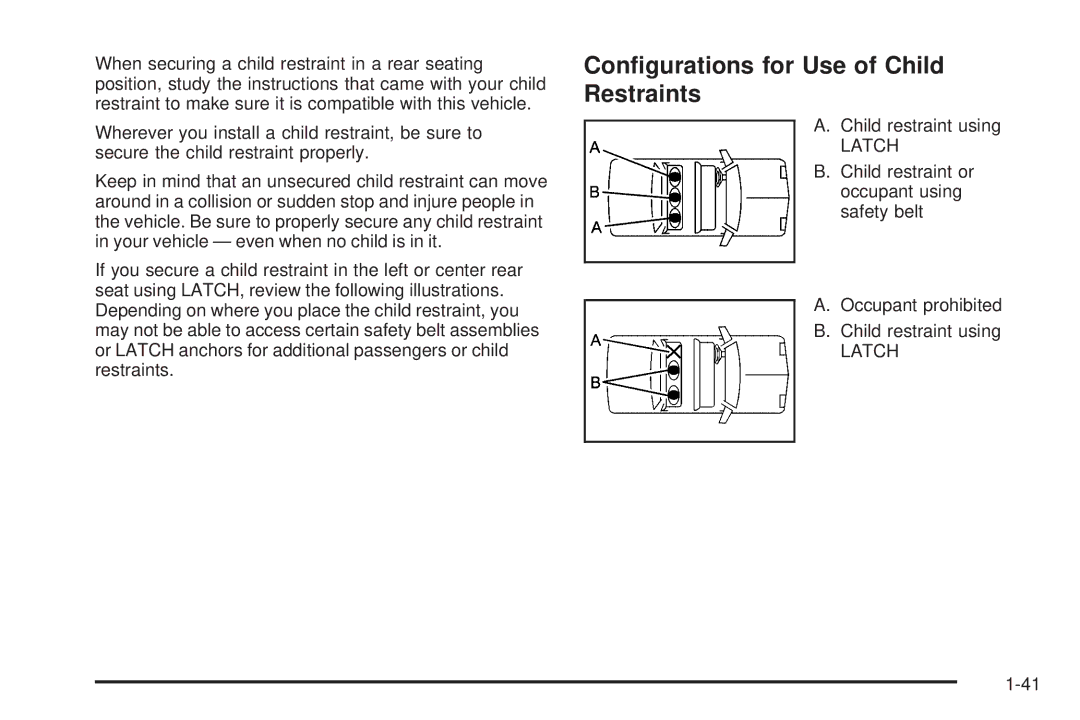 Chevrolet 2008 owner manual Conﬁgurations for Use of Child Restraints 