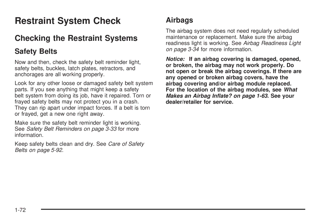 Chevrolet 2008 owner manual Restraint System Check, Checking the Restraint Systems, Safety Belts, Airbags 