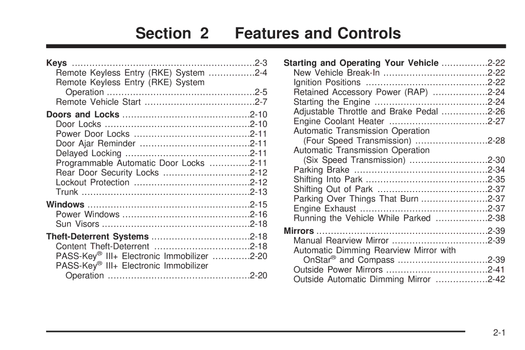 Chevrolet 2008 owner manual Features and Controls, Starting and Operating Your Vehicle 