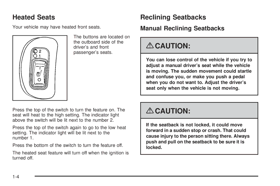 Chevrolet 2008 owner manual Heated Seats, Manual Reclining Seatbacks 