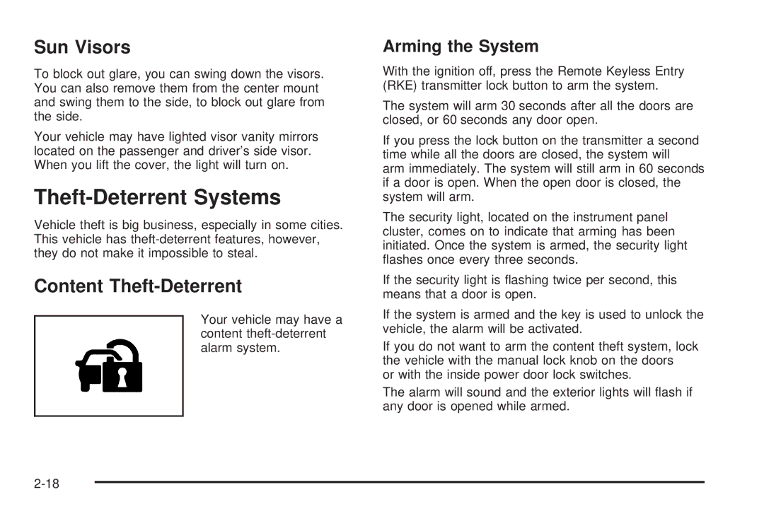 Chevrolet 2008 owner manual Theft-Deterrent Systems, Sun Visors, Content Theft-Deterrent, Arming the System 