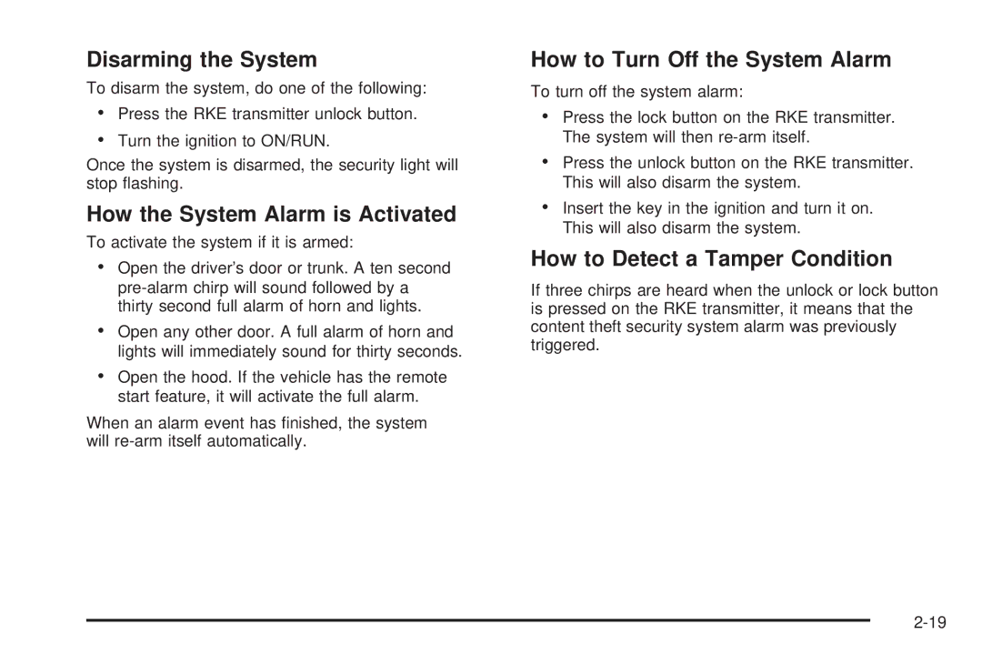 Chevrolet 2008 owner manual Disarming the System, How the System Alarm is Activated, How to Turn Off the System Alarm 