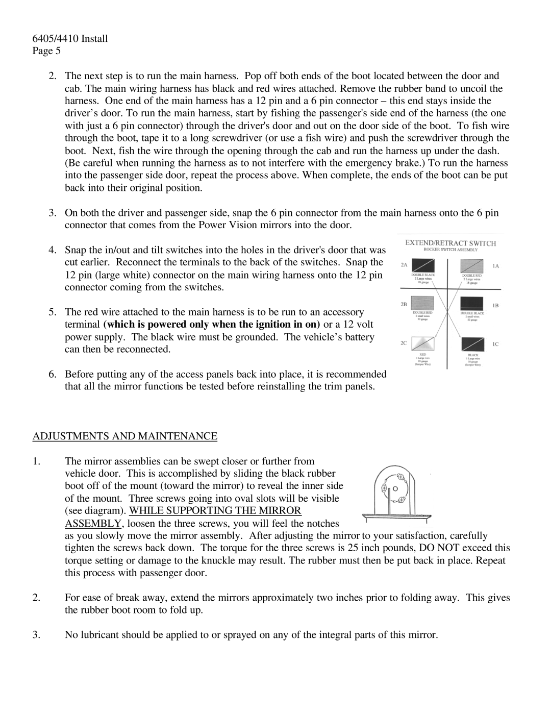 Chevrolet Power Vision, 6405/4410TK installation instructions Adjustments and Maintenance 