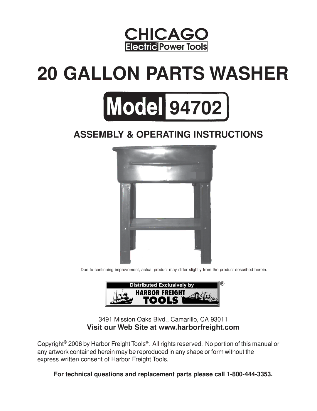 Chicago Electric 94702, 20 Gallon Parts Washer operating instructions 