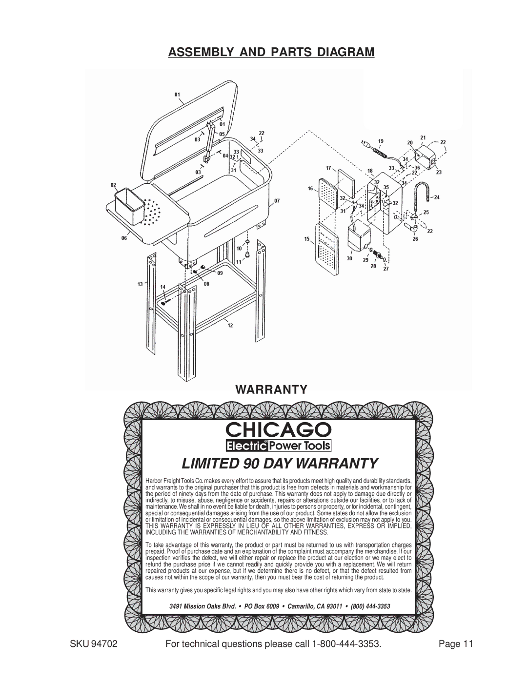 Chicago Electric 94702, 20 Gallon Parts Washer operating instructions Limited 90 DAY Warranty 