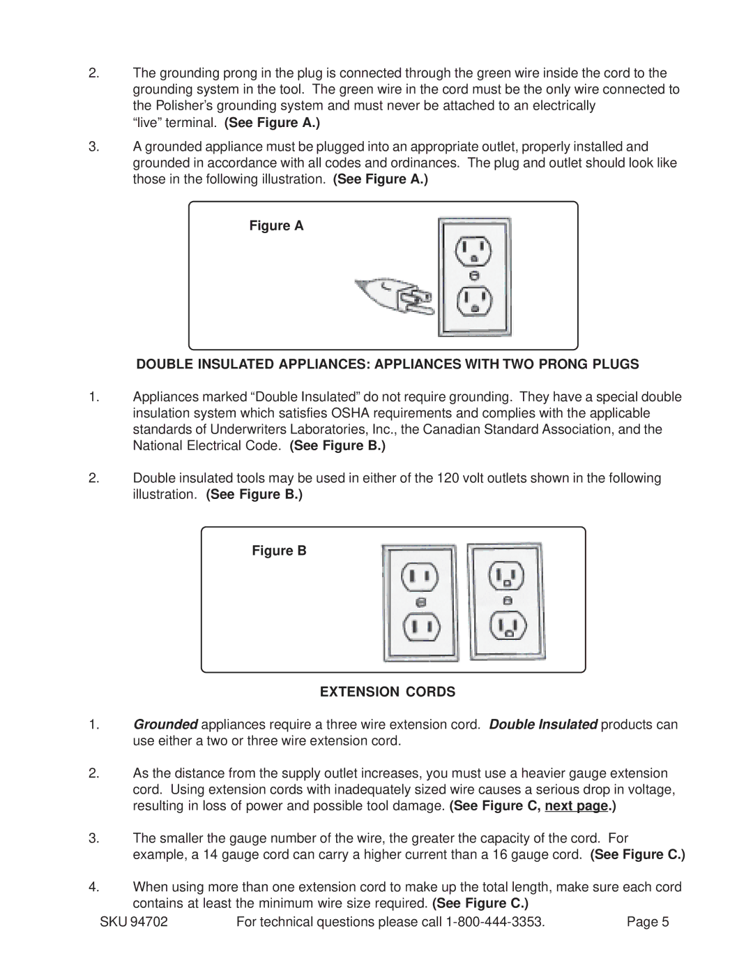 Chicago Electric 94702 operating instructions Double Insulated Appliances Appliances with TWO Prong Plugs, Extension Cords 