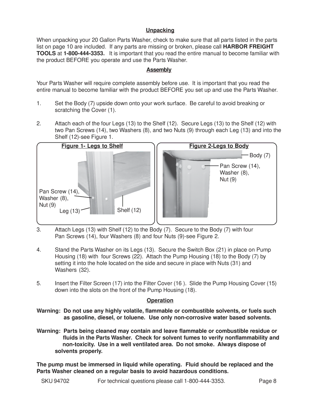 Chicago Electric 20 Gallon Parts Washer, 94702 operating instructions Unpacking, Assembly 