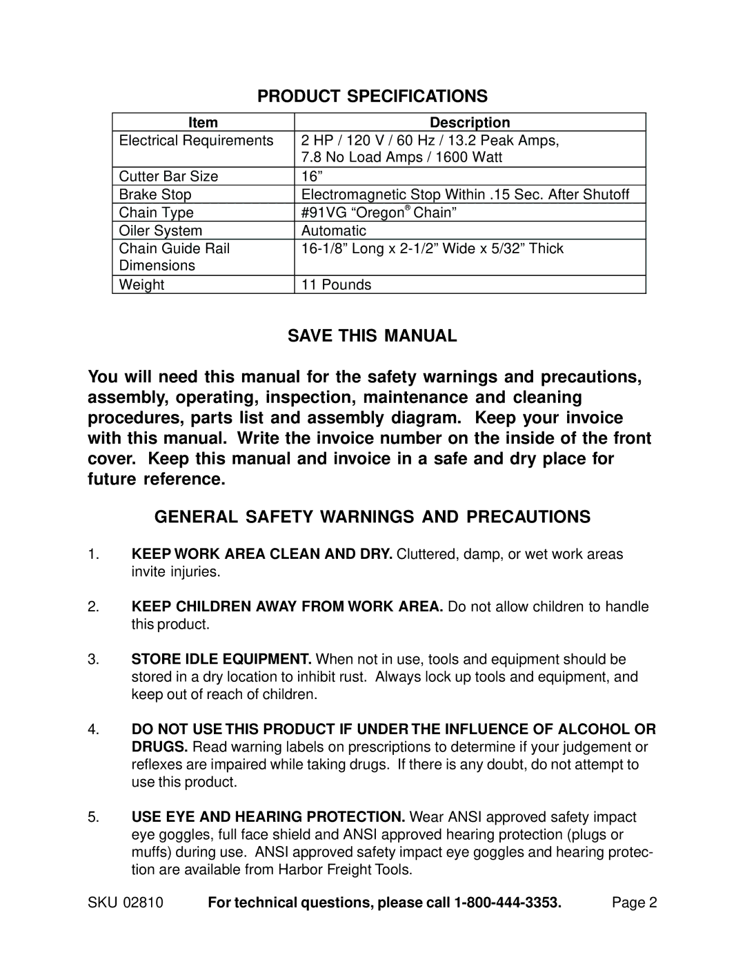 Chicago Electric 2810 manual Product Specifications, Save this Manual, General Safety Warnings and Precautions 