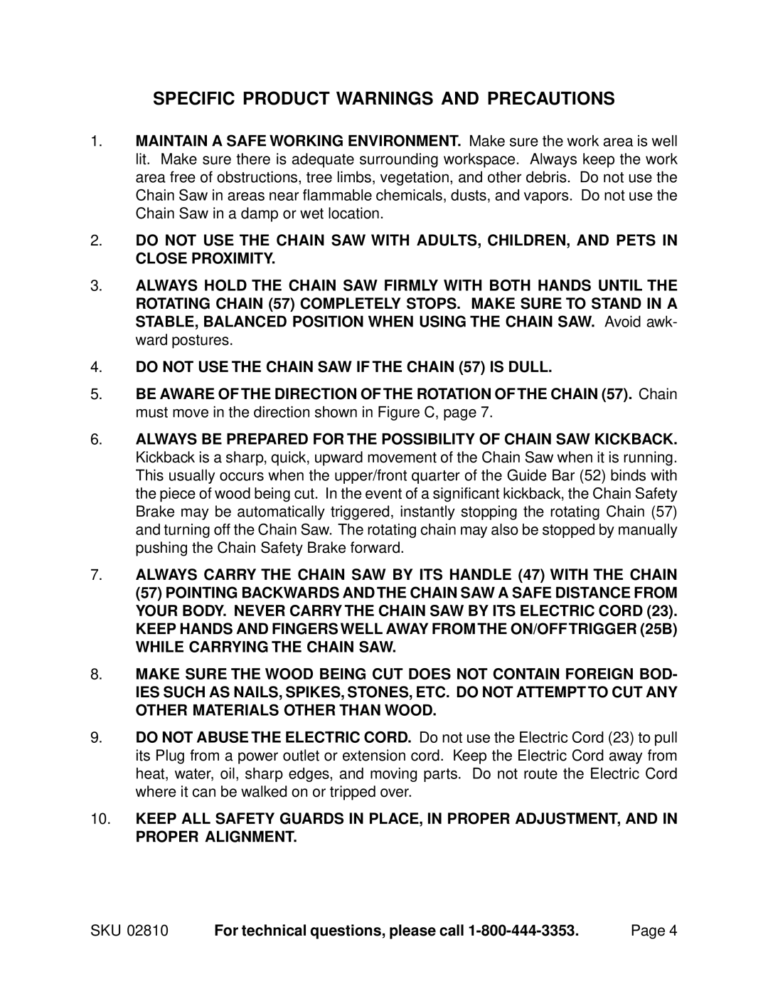 Chicago Electric 2810 manual Specific Product Warnings and Precautions, Do not USE the Chain SAW if the Chain 57 is Dull 