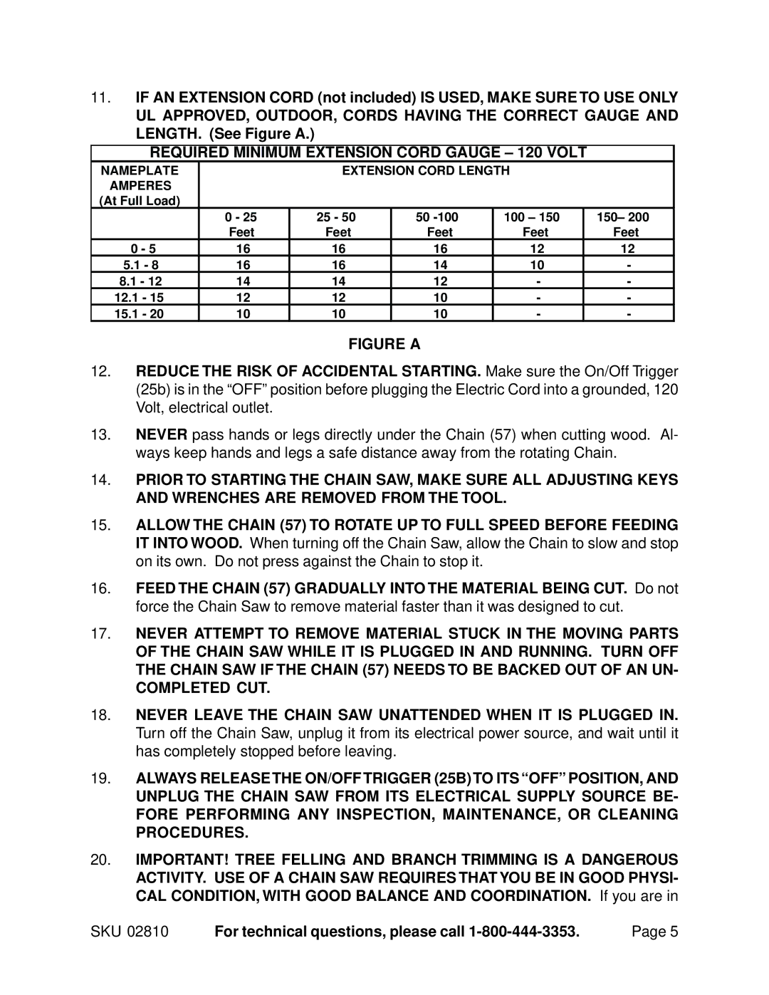 Chicago Electric 2810 manual Required Minimum Extension Cord Gauge 120 Volt, Figure a 