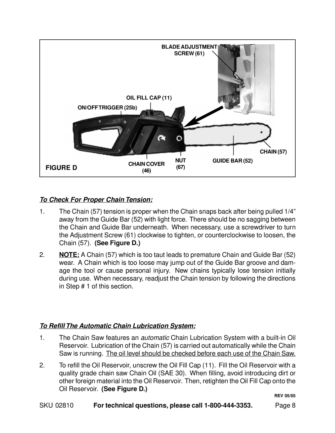 Chicago Electric 2810 manual To Check For Proper Chain Tension, To Refill The Automatic Chain Lubrication System 