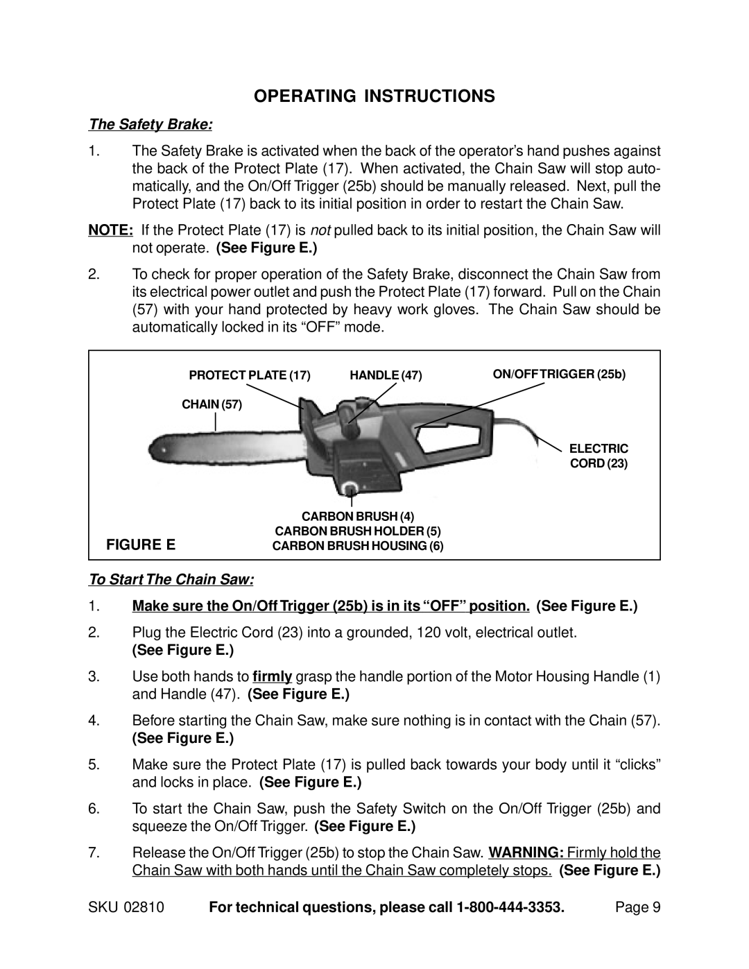 Chicago Electric 2810 manual Operating Instructions, Safety Brake, To Start The Chain Saw 