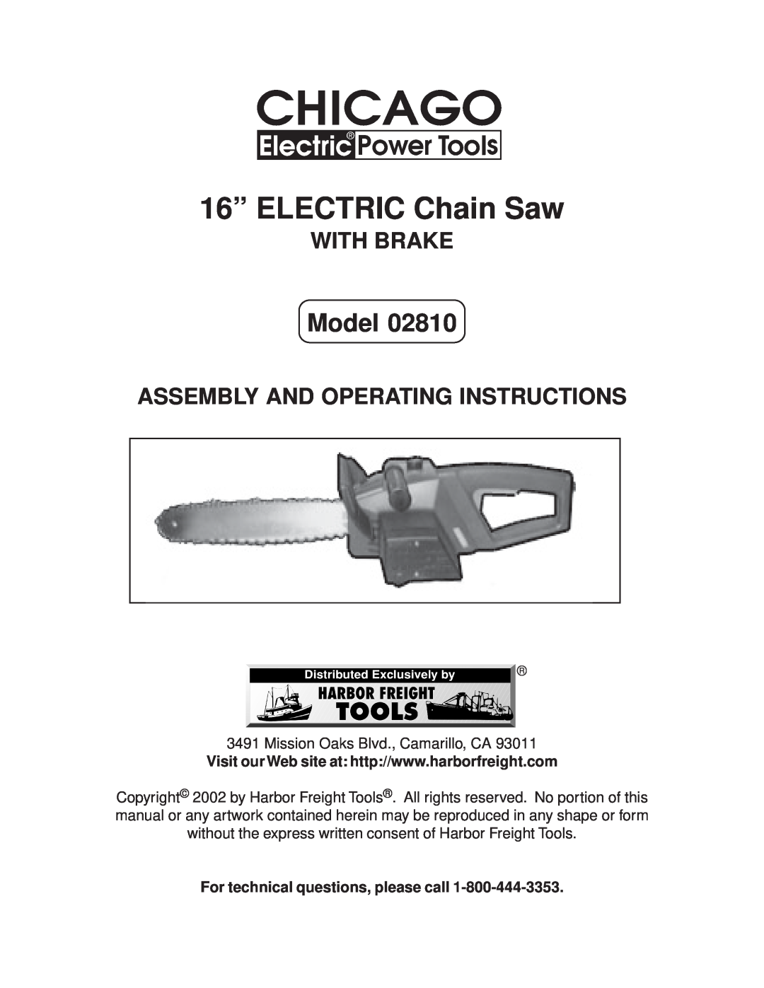 Chicago Electric 2810 manual For technical questions, please call, 16” ELECTRIC Chain Saw, Model, With Brake 