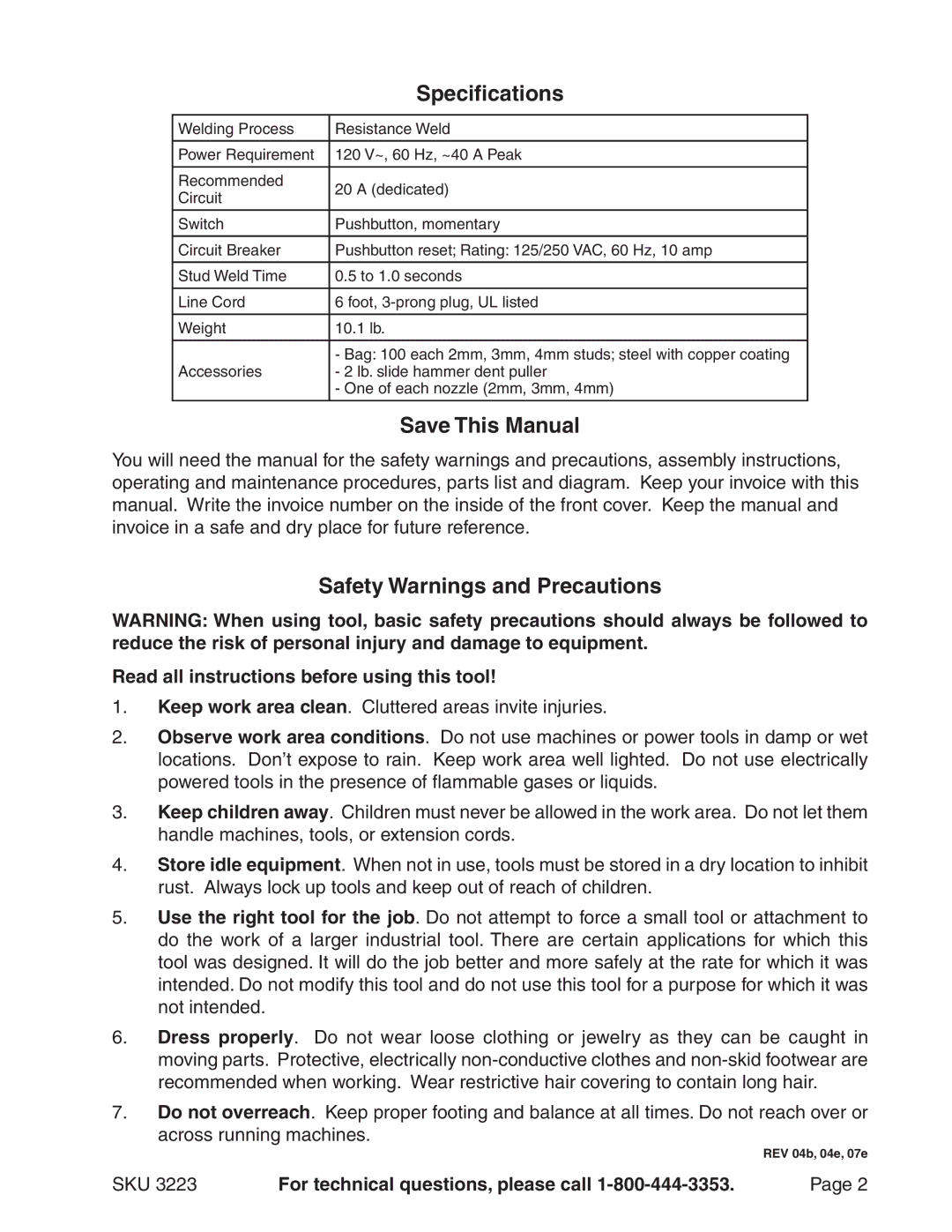 Chicago Electric 3223 operating instructions Specifications, Save This Manual, Safety Warnings and Precautions 