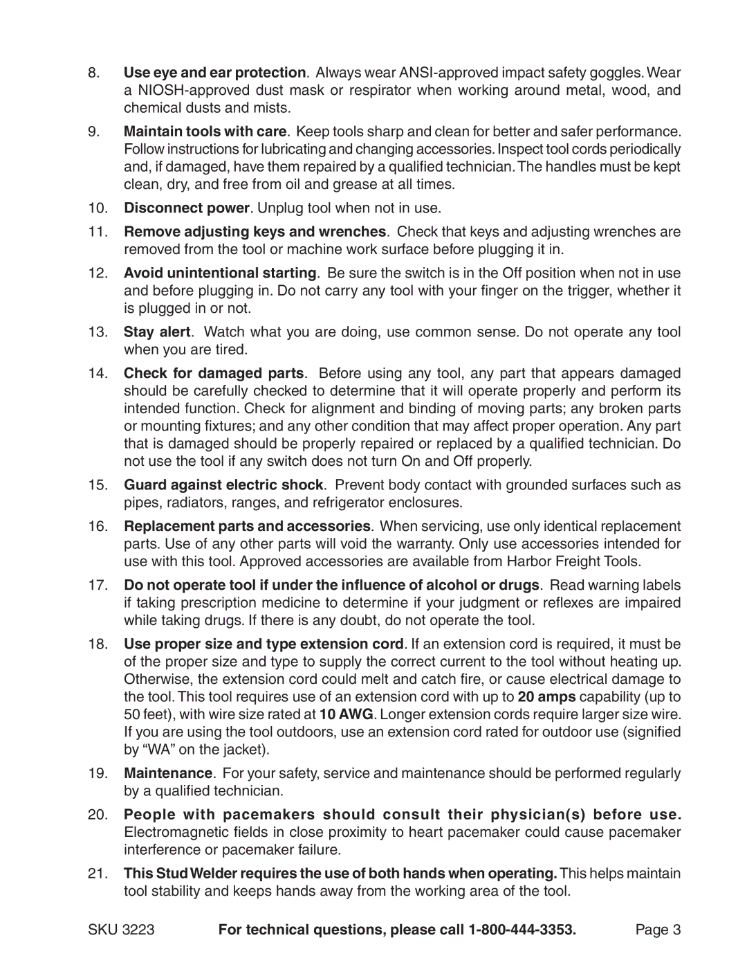 Chicago Electric 3223 operating instructions SKU For technical questions, please call 