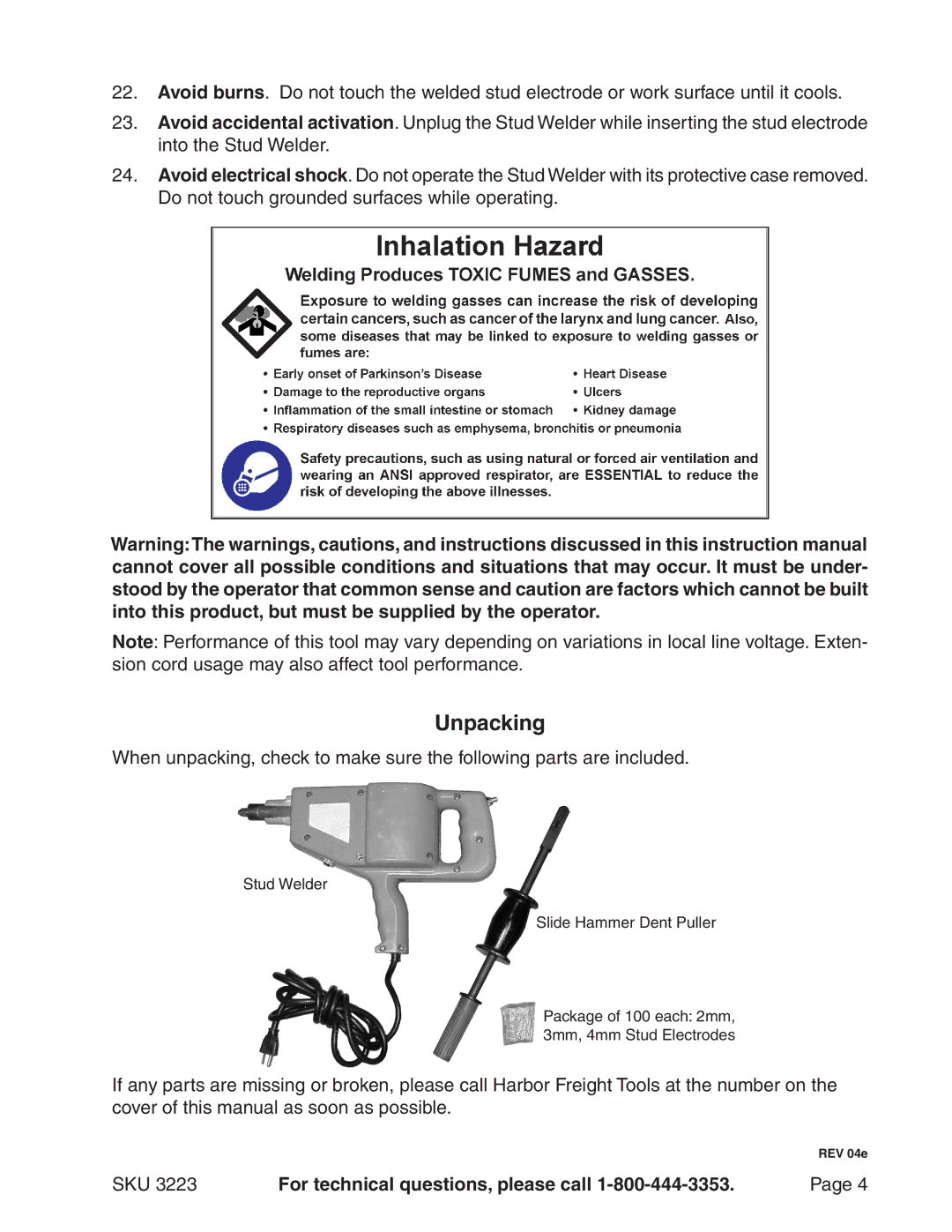 Chicago Electric 3223 operating instructions Unpacking 