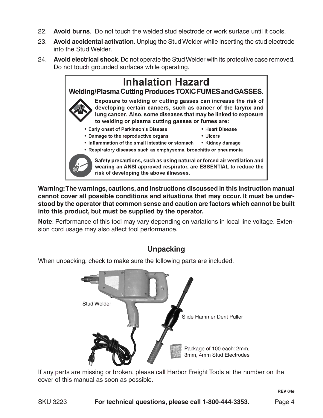 Chicago Electric 3223 operating instructions Inhalation Hazard, Unpacking 