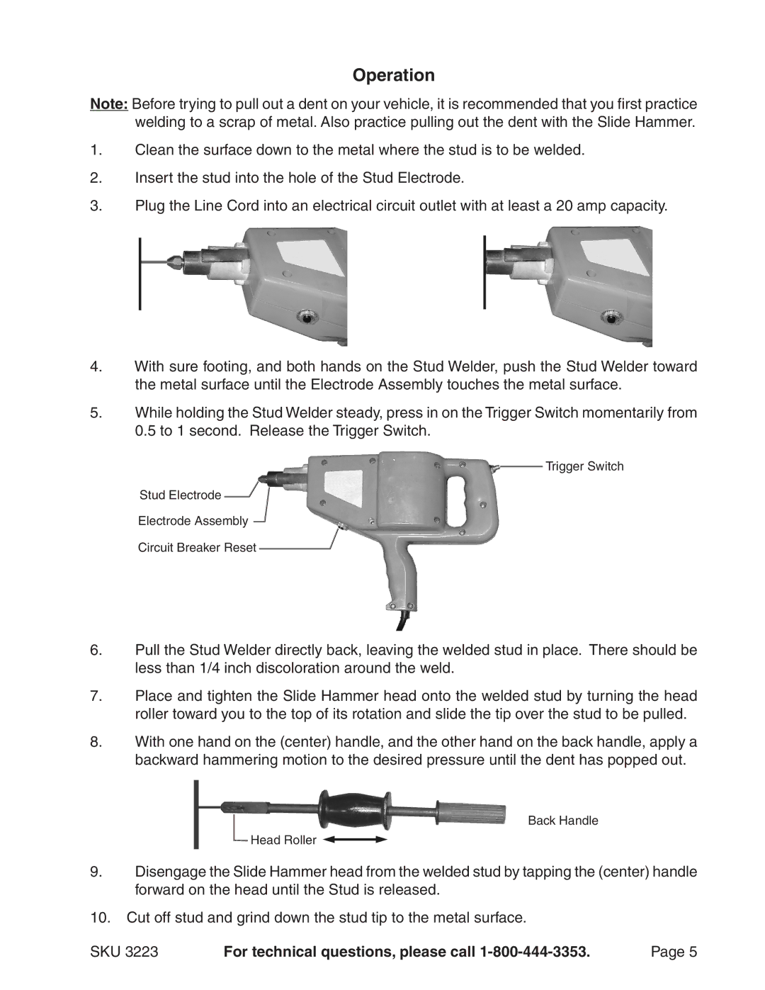 Chicago Electric 3223 operating instructions Operation 