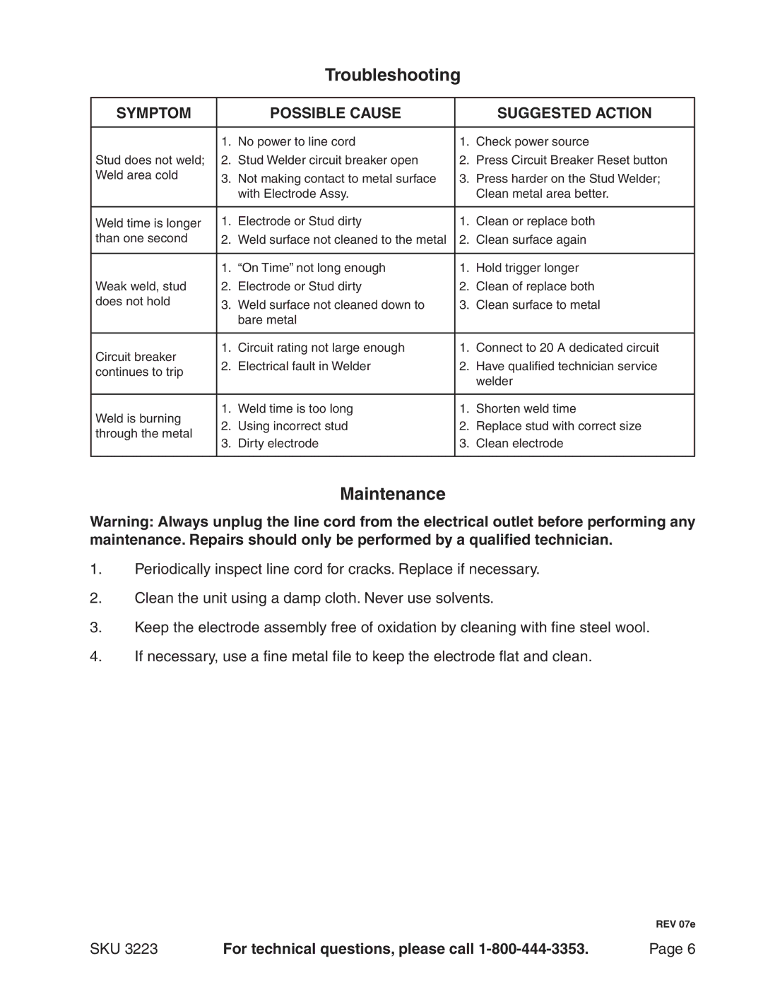 Chicago Electric 3223 operating instructions Troubleshooting, Maintenance 