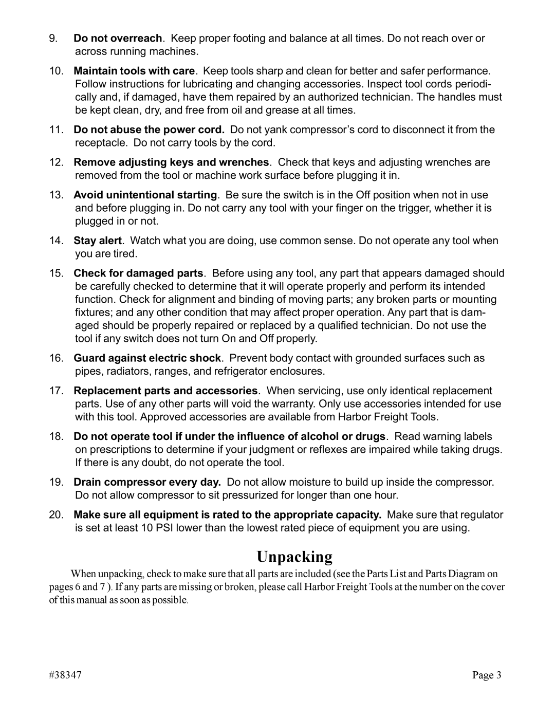 Chicago Electric 38347 operating instructions Unpacking 