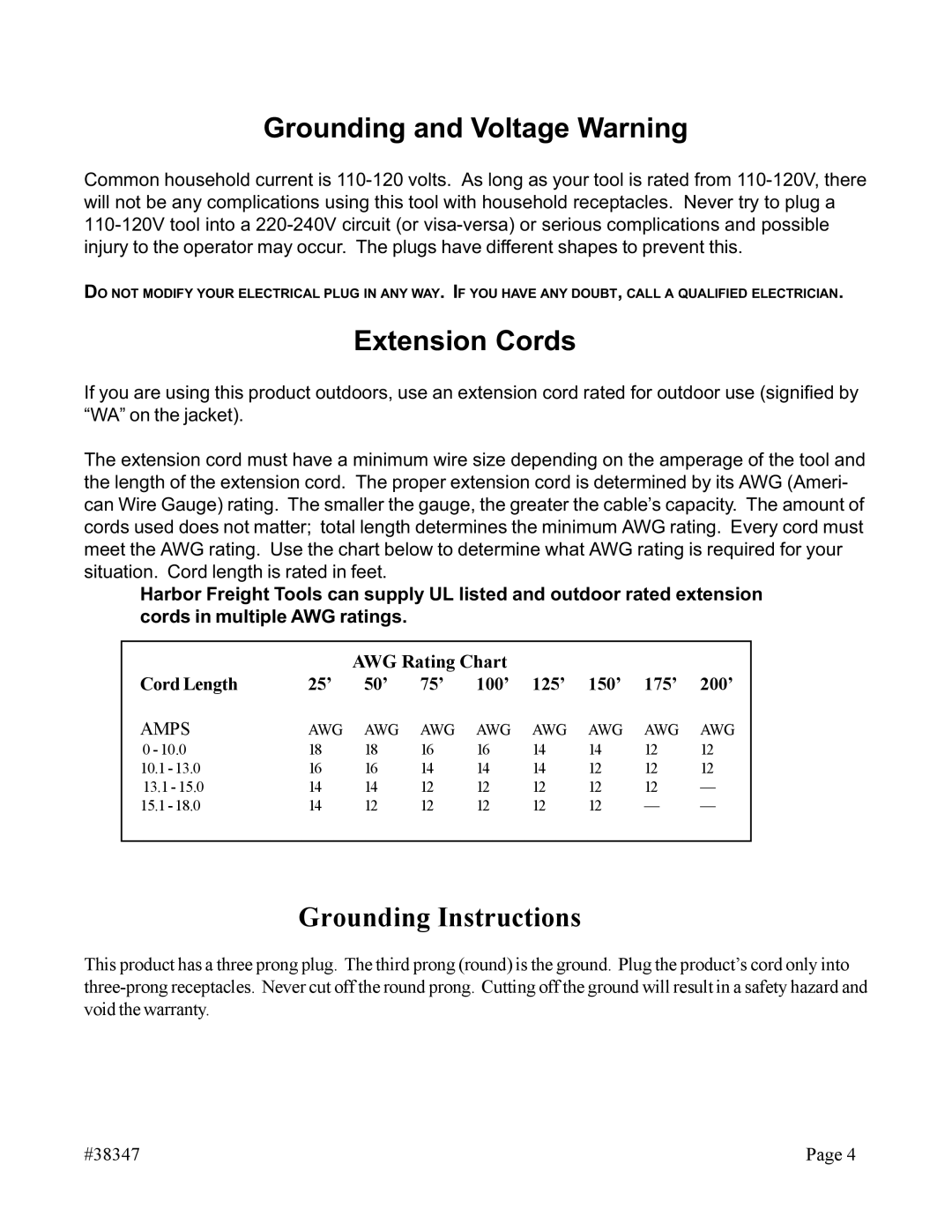 Chicago Electric 38347 operating instructions Grounding and Voltage Warning, Grounding Instructions 