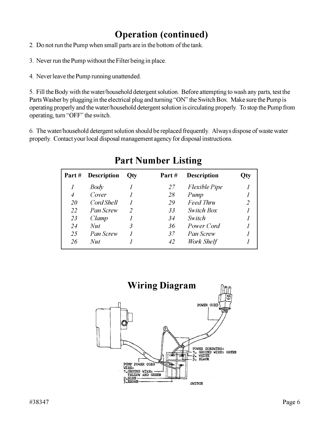 Chicago Electric 38347 operating instructions Part Number Listing, Wiring Diagram 