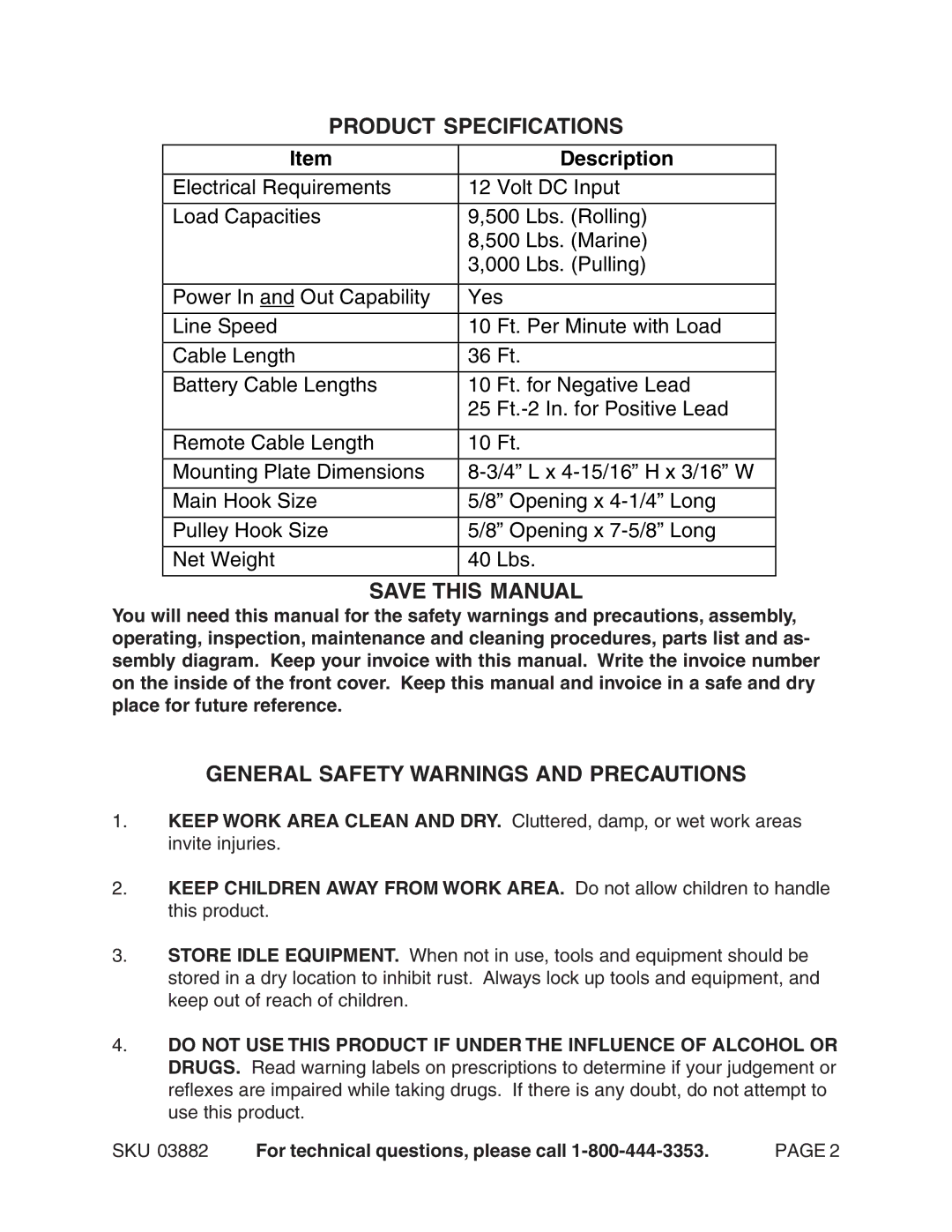 Chicago Electric 3882 Product Specifications, Save this Manual, General Safety Warnings and Precautions 