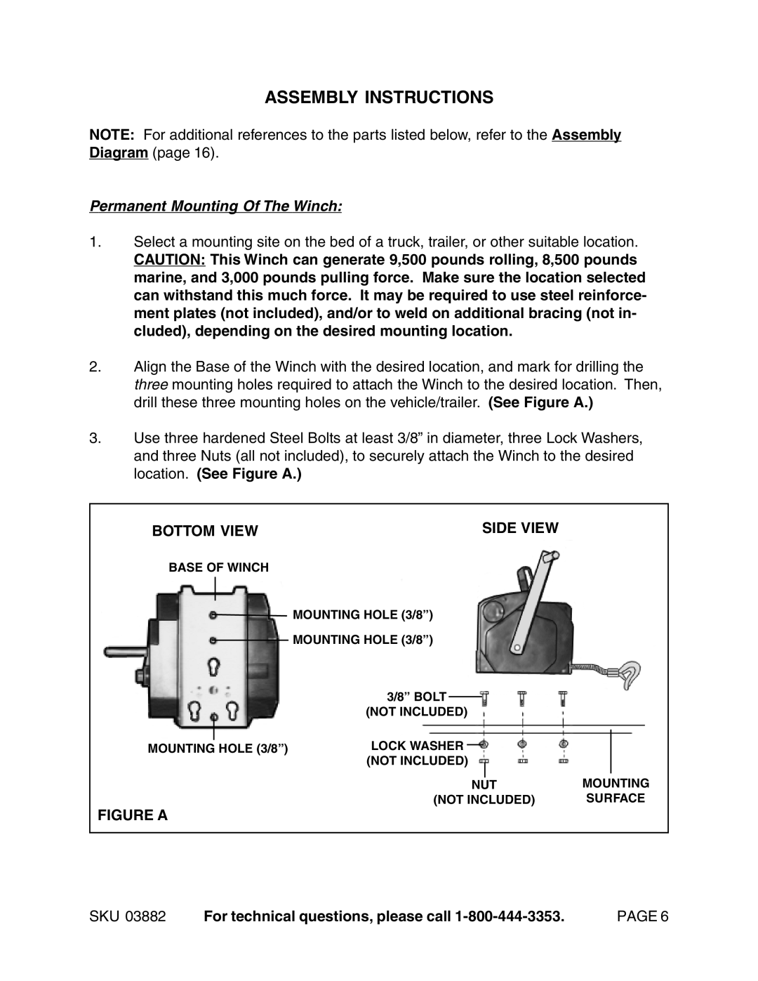 Chicago Electric 3882 operating instructions Assembly Instructions, Permanent Mounting Of The Winch 