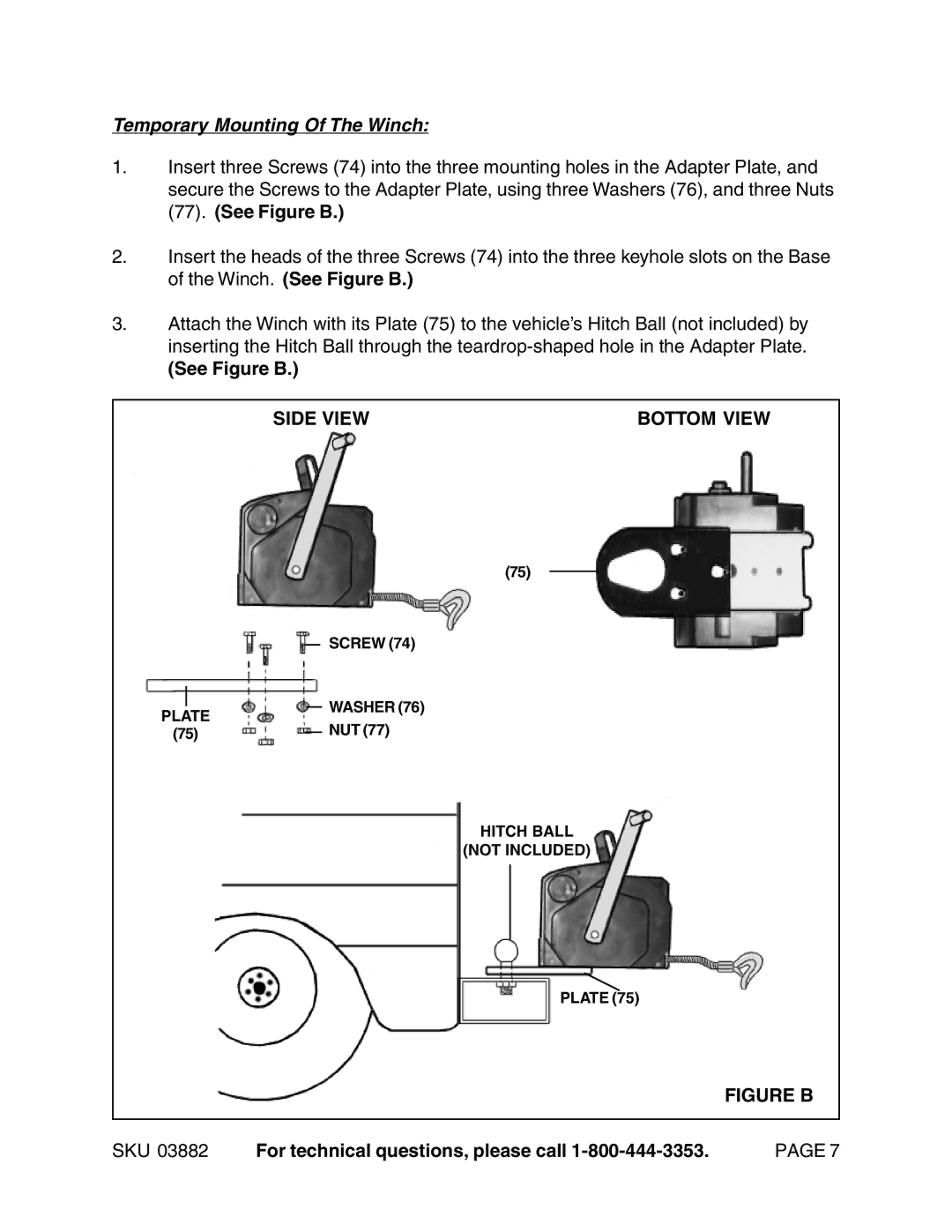 Chicago Electric 3882 operating instructions Temporary Mounting Of The Winch, See Figure B 