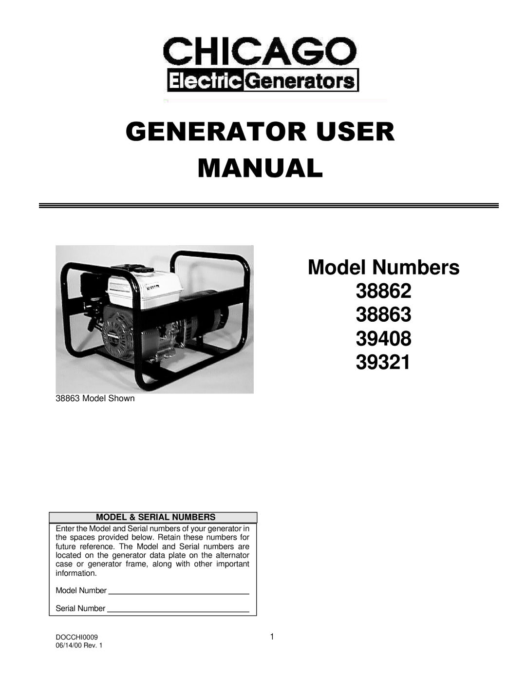 Chicago Electric 39408, 38862, 38863, 39321 user manual Generator User Manual 