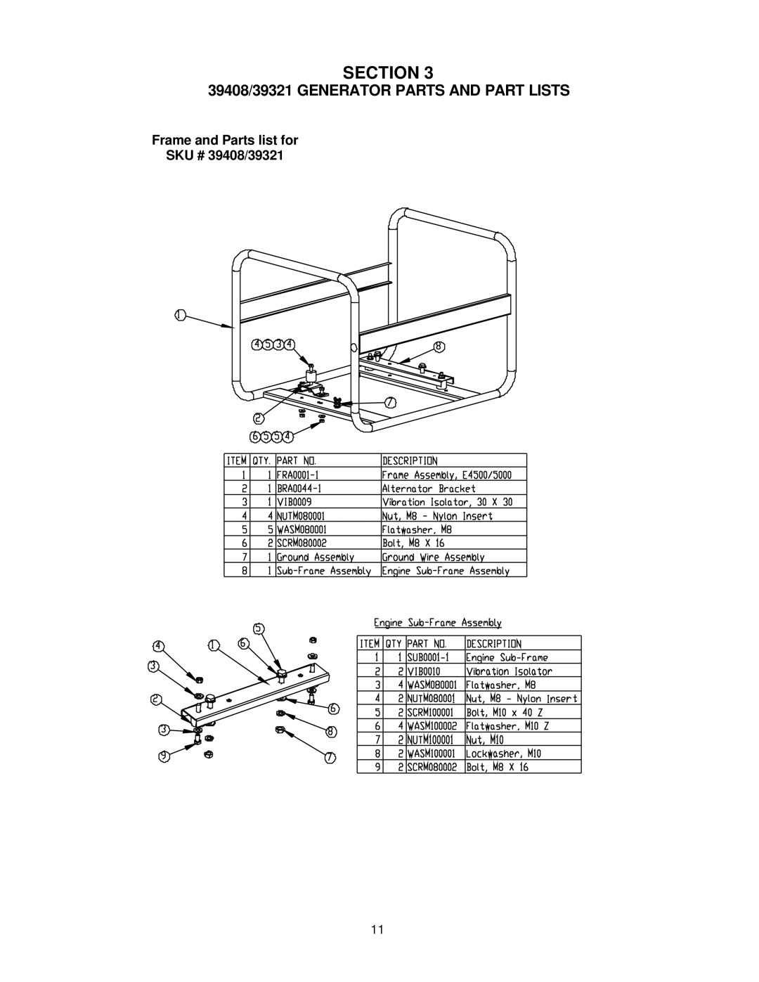 Chicago Electric 38862, 38863 user manual Section, 39408/39321 Generator Parts and Part Lists 