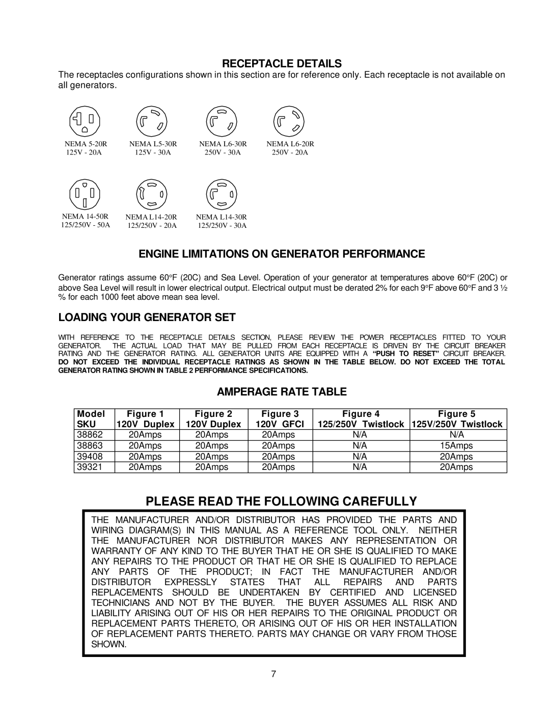 Chicago Electric 39321, 38862, 39408 Please Read the Following Carefully, Receptacle Details, Loading Your Generator SET 