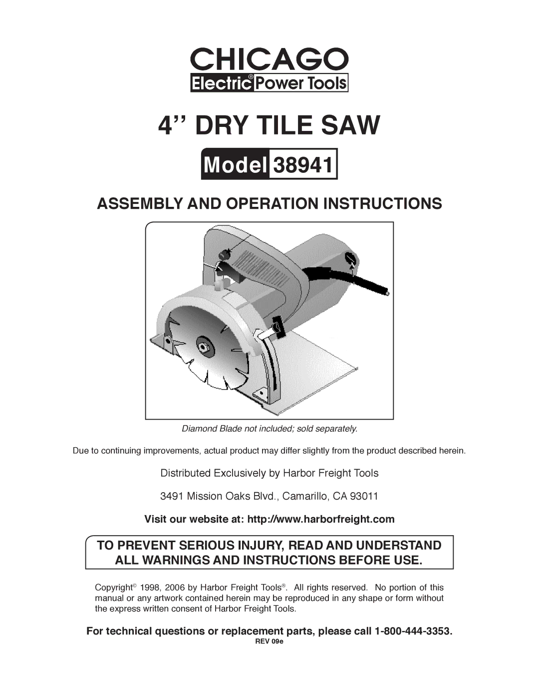 Chicago Electric 38941 manual ’’ DRY Tile SAW 