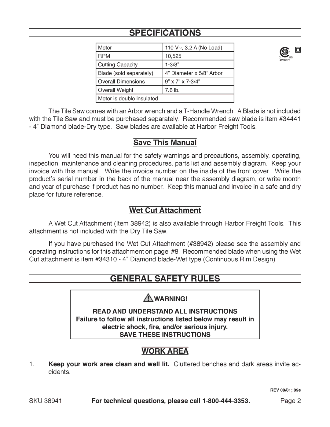 Chicago Electric 38941 manual Specifications, General Safety Rules, Save This Manual, Wet Cut Attachment, Work Area 