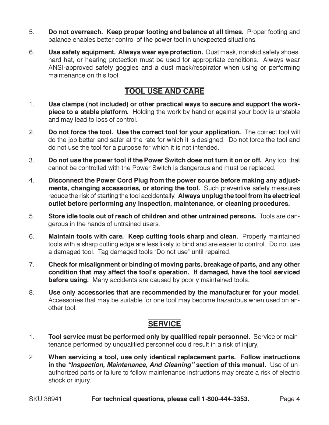 Chicago Electric 38941 manual Tool USE and Care, Service 