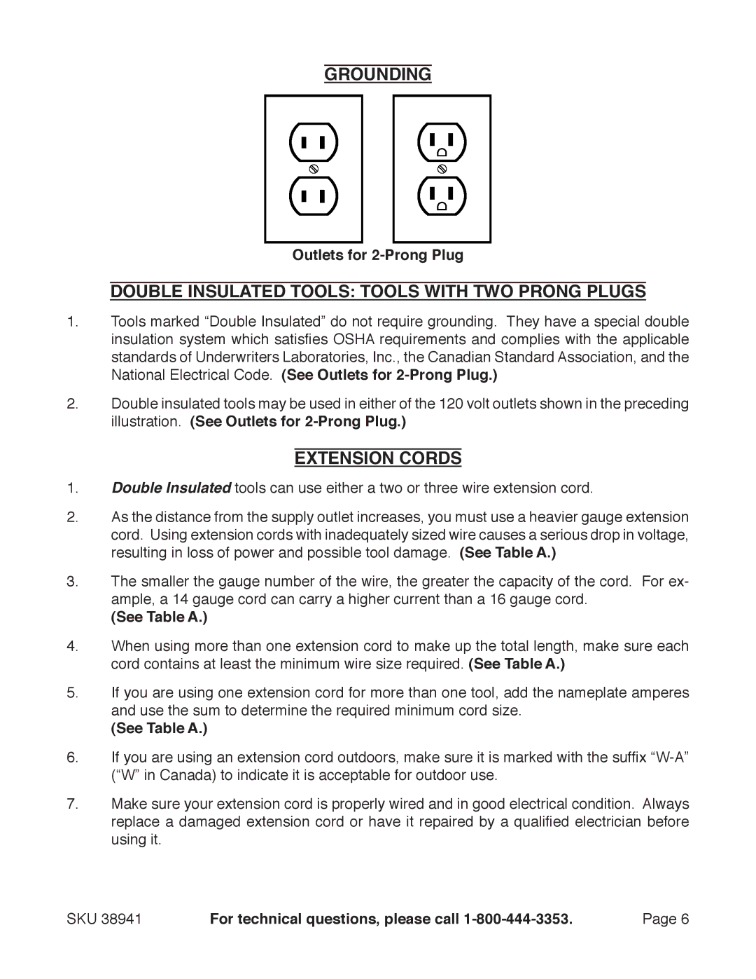 Chicago Electric 38941 manual Grounding, Double Insulated Tools Tools with TWO Prong Plugs, Extension Cords 