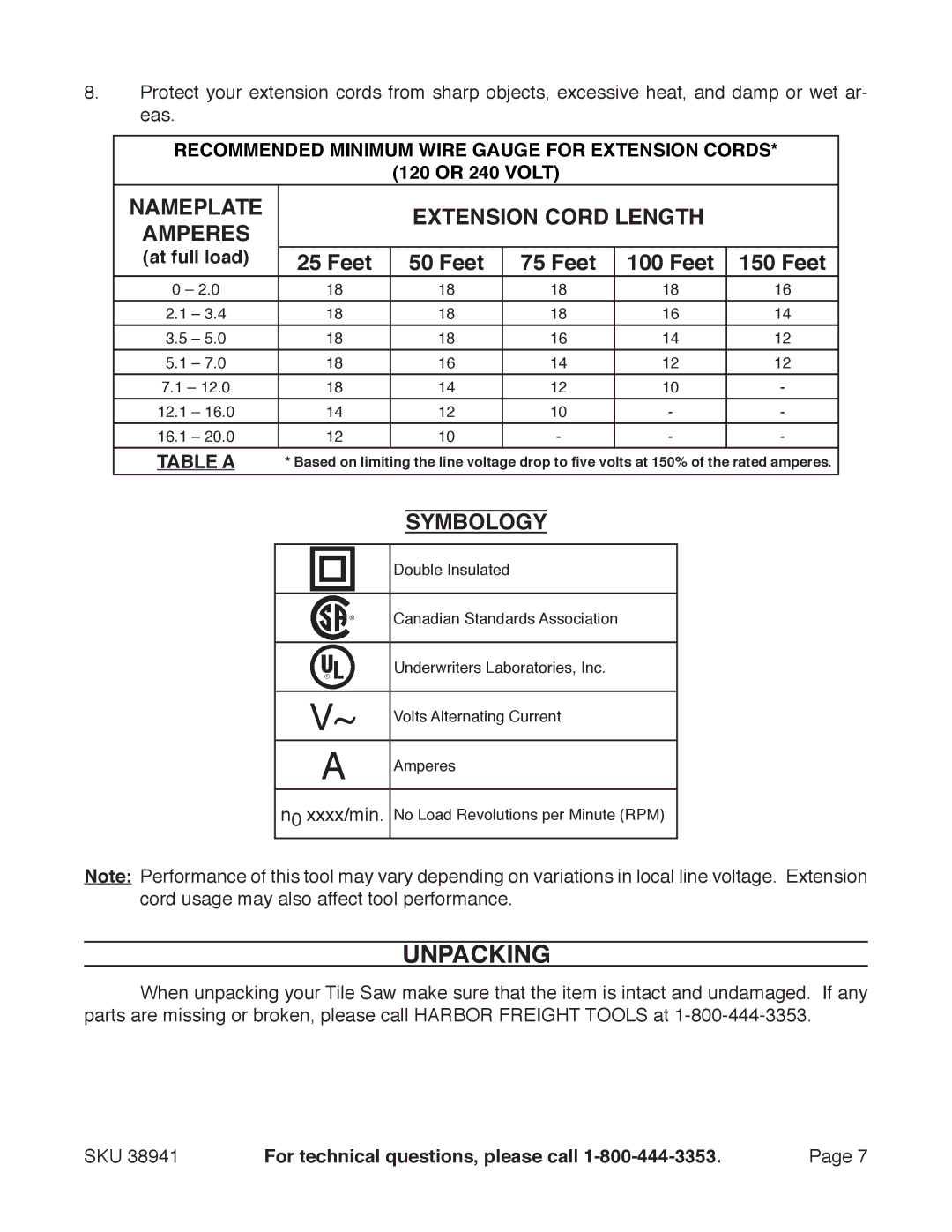 Chicago Electric 38941 manual Unpacking, Nameplate Extension Cord Length, Feet, Symbology 