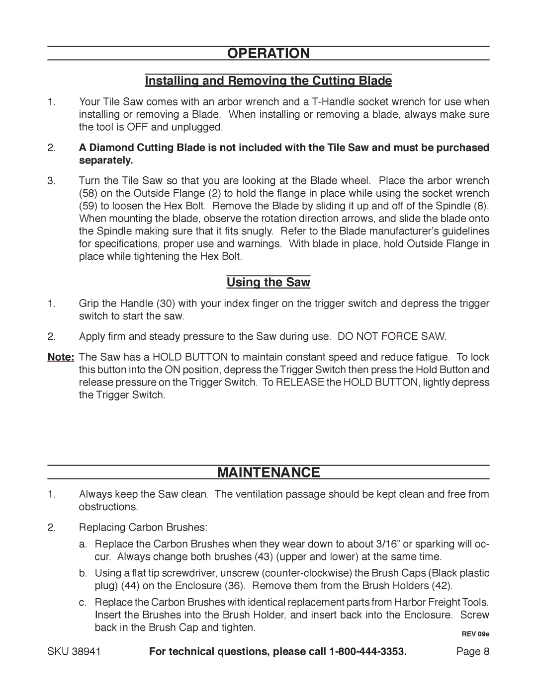 Chicago Electric 38941 manual Operation, Maintenance, Installing and Removing the Cutting Blade, Using the Saw 