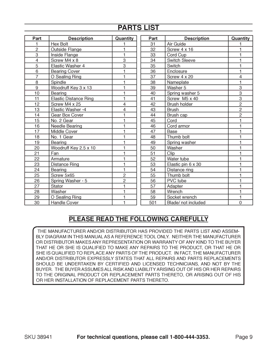 Chicago Electric 38941 manual Parts List, Please Read the Following Carefully 