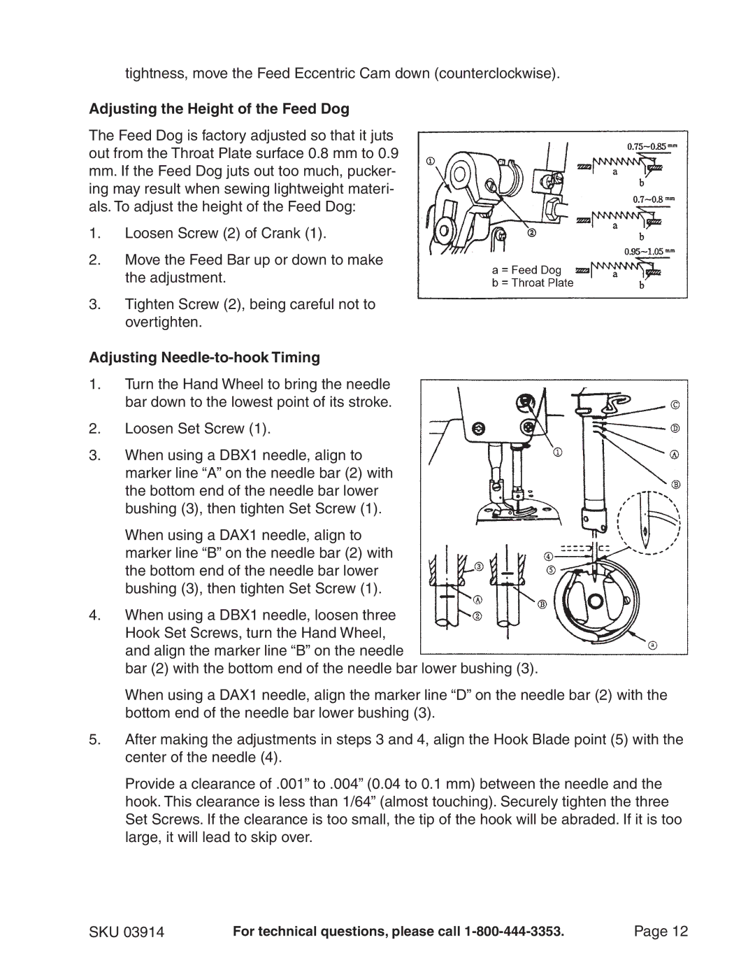 Chicago Electric 3914 manual Adjusting the Height of the Feed Dog, Adjusting Needle-to-hook Timing 