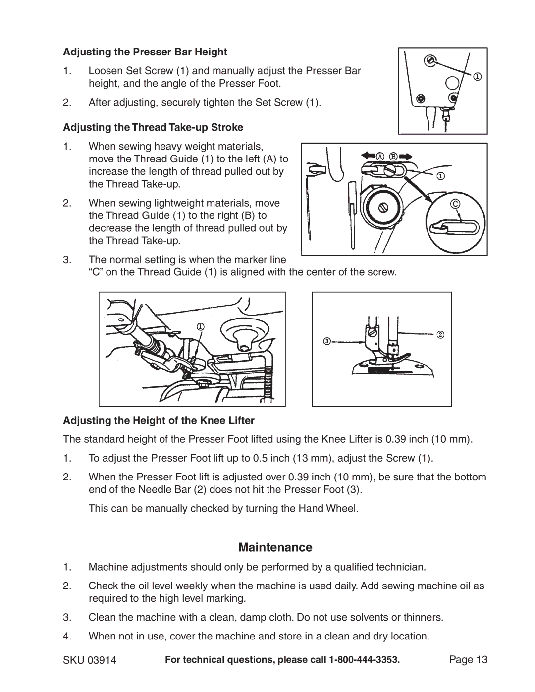 Chicago Electric 3914 manual Maintenance, Adjusting the Presser Bar Height, Adjusting the Thread Take-up Stroke 