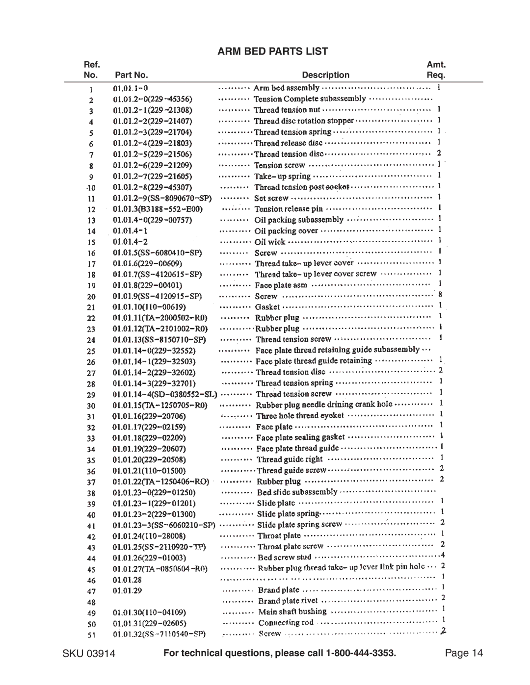 Chicago Electric 3914 manual ARM BED Parts List 